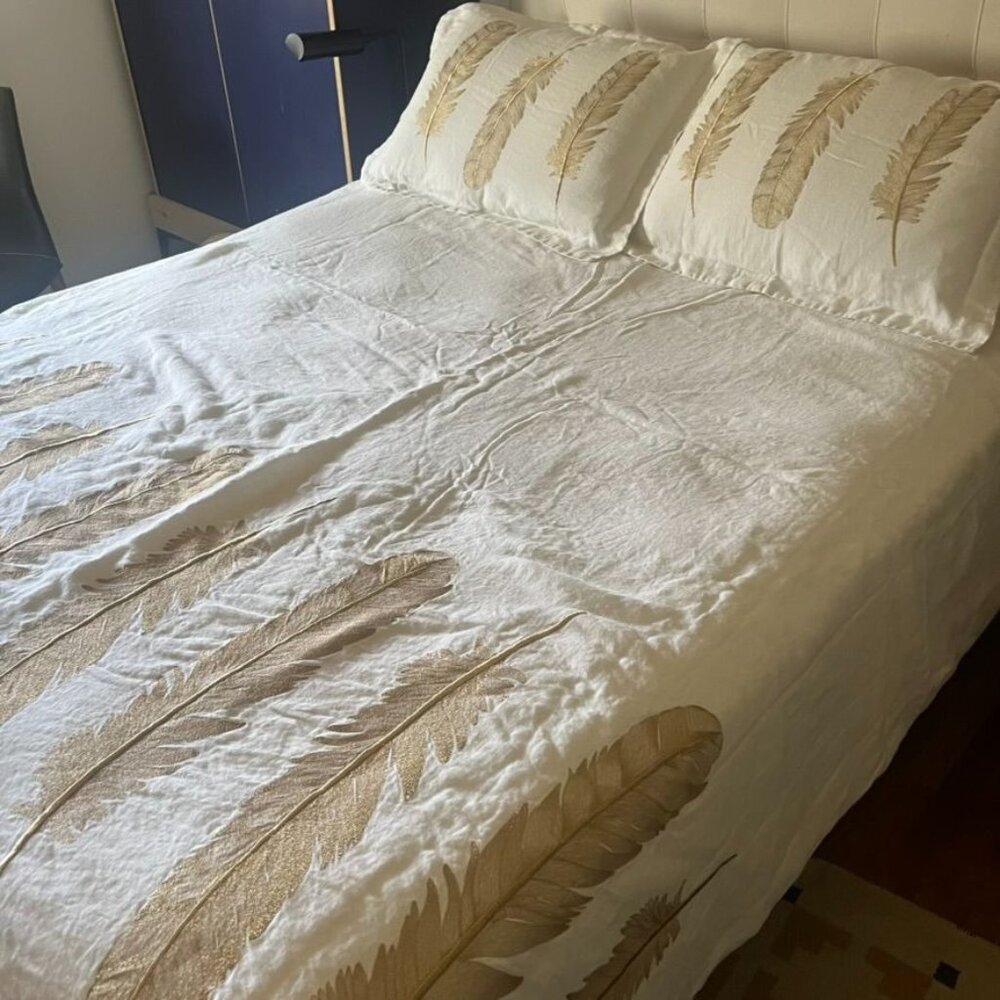 Orchids Casa By Dann Foley Queen Duvet Set Gold Feather Design 100% Linen